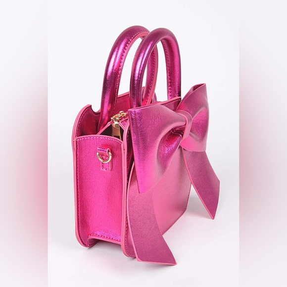 Metallic Pink Bow Top Handle Bag - Picture 4 of 7